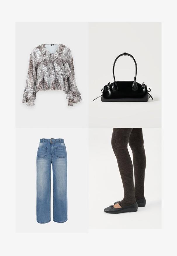 Blouse à manches longues brun et blanc avec motif cachemire, poignets à volants, détails à volants superposés et petit nœud au niveau de l'encolure.; Jean en denim bleu à taille haute et jambes larges, avec poches plaquées à l'avant et ceinture assortie munie d'une boucle carrée en métal.; Jambes portant des leggings côtelés foncés associés à des ballerines noires avec de petits détails en nœud sur fond blanc.; Petit sac à main noir brillant avec deux longues anses et des détails à cordon sur les côtés sur un fond clair uni.