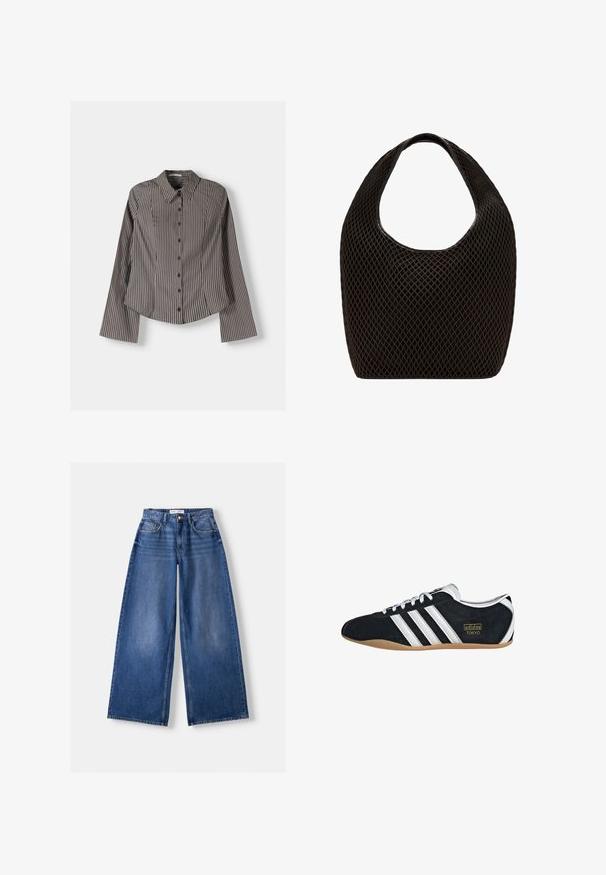 Chemise à boutons rayée marron et blanc, dotée de manches longues, d'un col pointu et d'un ourlet arrondi. Tissu texturé avec des rayures verticales.; Jeans en denim bleu à jambes larges avec poches avant, passants de ceinture et fermeture par bouton, posés à plat sur un fond clair.; Sneakers en suede noir avec trois bandes blanches, logo doré et semelle en caoutchouc marron. Présente un design à lacets à profil bas.; Sac cabas noir en maille à tissage ouvert avec poignée supérieure arrondie et corps large et incurvé.