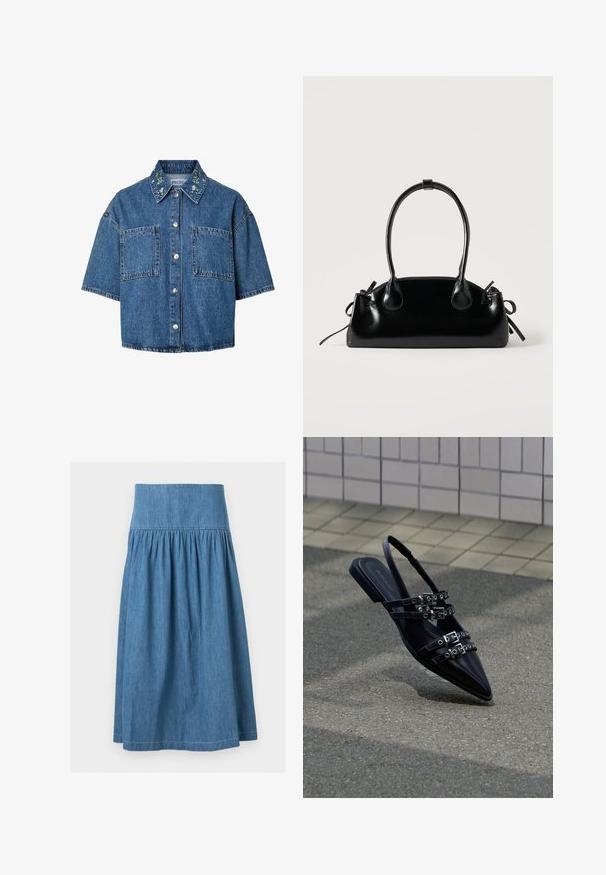 Πουκάμισο denim με κοντά μανίκια, κουμπιά, δύο μπροστινές τσέπες και κεντήματα με λουλούδια στο γιακά.; Μίντι μπλε τζιν φούστα με φαρδύ ελαστικό ύφασμα στη μέση και συλλεκτό ύφασμα για ελαφρώς φαρδιά σιλουέτα.; Μαύρο επίπεδο σανδάλι με μυτερή μύτη, πολλαπλές λουρίδες με αγκράφες και λουράκι στο πίσω μέρος, τοποθετημένο πάνω από πλακόστρωτη επιφάνεια και φόντο με πλακάκια.; Μικρή μαύρη γυαλιστερή τσάντα με δύο μακριές λαβές και λεπτομέρειες με ρυθμιζόμενο κορδόνι στο πλάι σε απλό ανοιχτό φόντο.