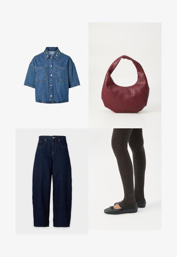 Πουκάμισο denim με κοντά μανίκια, κουμπιά, δύο μπροστινές τσέπες και κεντήματα με λουλούδια στο γιακά.; Σκούρο μπλε τζιν παντελόνι με φαρδύ πόδι, κούμπωμα με κουμπί και φερμουάρ μπροστά, θηλιές για ζώνη και εμπρόσθιες τσέπες σε ανοιχτό φόντο.; Πόδια με σκουρόχρωμα ριμπ κολάν συνδυασμένα με μαύρα μπαλαρίνα παπούτσια με μικρές λεπτομέρειες φιόγκων σε λευκό φόντο.; Πλεκτή μπορντό τσάντα χειρός με στρογγυλή σιλουέτα, μία χειρολαβή και υφή. Κλείσιμο με φερμουάρ στο επάνω μέρος.