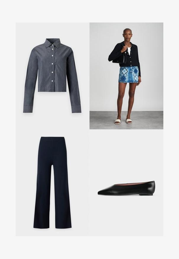 Chemise courte gris foncé à fines rayures blanches verticales, manches longues, col pointu et poche poitrine avant.; Pantalon noir à jambes larges avec taille haute et sans fermetures visibles, présenté sur un fond blanc uni.; Chaussure plate en cuir noir pour femme, avec bout pointu et petit talon, vue de côté sur un fond gris clair uni.; Un cardigan en maille noir, un haut blanc, une jupe en denim avec un motif de diamants bleus et noirs, un sac à main noir et des sandales à enfiler beiges.