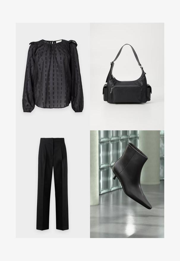 Sort bluse med lange ærmer, der har et struktureret mønster af firkanter, en samlede halsudskæring og puffede ærmer med elastiske manchetter.; Sorte trousers lavet af vævet stof, med et skræddersyet design med plisseringer, lige ben og flad front. Holdbar og glat tekstur.; Sort læderankelstøvle med spids tå og lille hæl vist mod en væg af glasblokke og poleret gulv baggrund.; Sort læder skuldertaske med en rund form, lynlåslomme foran og to sidelommer. Har en enkelt justerbar skulderrem.