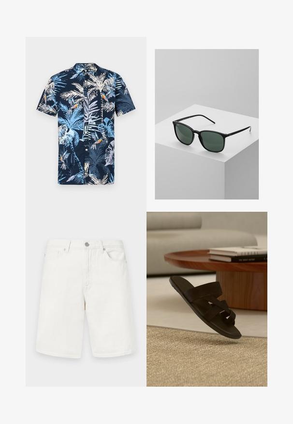 Hemd mit kurzen Ärmeln in Marineblau mit einem tropischen Druck aus hellblauen Palmblättern und bunten Vögeln. Mit Button-Down-Kragen.; Weiße Jeansshorts mit geradem Schnitt, ausgestattet mit Fronttaschen, einem Bund mit Gürtelschlaufen und einem Metallknopfverschluss. Angenehme, glatte Textur.; Schwarze offene Zehen-Sandale mit gekreuzten Riemen, die über einem beigen strukturierten Teppich in einem modernen Wohnzimmer schwebt.; Schwarze rechteckige Sonnenbrille mit dunkelgrünen Gläsern, ausgestattet mit einem leichten Kunststoffrahmen und silbernen Akzenten an den Bügeln.