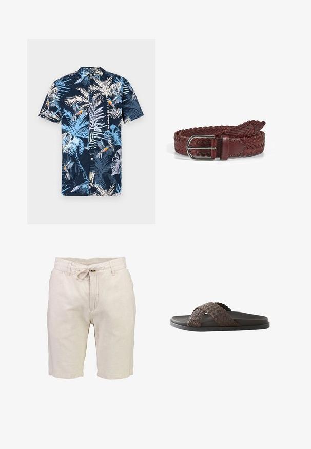 Kortærmet skjorte med en marineblå baggrund og et tropisk print af lyseblå palmer og farverige fugle. Skjorte med knap-ned krave.; Lyse beige linned shorts med elastisk talje, justerbar snor og to forlommer. Glat tekstur med en afslappet pasform.; Mænds mørkebrune slidesandal med vævede læderkrydsremme og en sort sål på en hvid baggrund.; Vævet brun læderbælte med en sølvfarvet rektangulær spænde, glat tekstur og flettet design, der forbedrer fleksibilitet og stil.