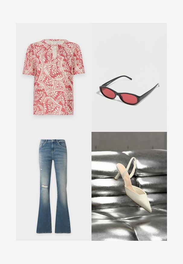 Kortærmet bluse i lys rød med cremefarvet blomster- og geometrisk mønster, med en nøglehul-udskæring og blødt, let stof.; Blå denim flare-jeans med slidte detaljer på venstre lår og knæ, frontknap og femlommers-design.; Enkelt hvid spids slingback højhælet sko liggende på en skinnende, metallisk sølv tuftet overflade.; Sorte ovale solbriller med tynde arme og rødtonede linser, der ligger på en hvid overflade.