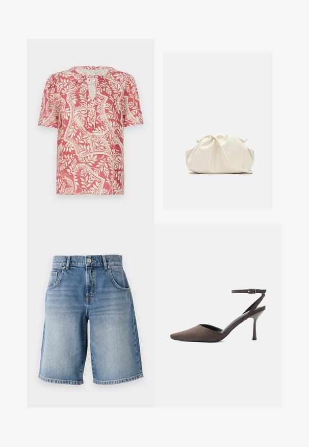 Blusa de manga corta en rojo claro con un patrón floral y geométrico en crema, que presenta un escote en forma de lágrima y un tejido suave y ligero.; Pantalones cortos de mezclilla en azul claro con un corte recto, cinco bolsillos y herrajes de bronce. Presentan un dobladillo deshilachado y una textura de lavado desgastado.; Zapato de tacón alto de ante marrón con punta afilada, correa fina en el tobillo y hebilla plateada sobre fondo blanco.; Bolso de mano de cuero suave de color crema con diseño fruncido y plisado y una delgada correa para el hombro que descansa delante sobre un fondo liso.