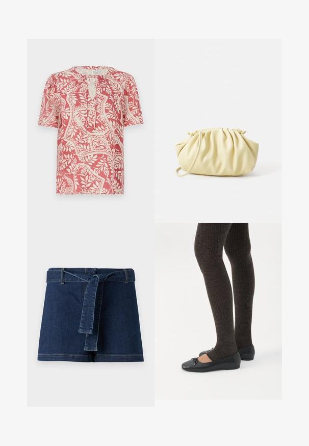 Kortærmet bluse i lys rød med cremefarvet blomster- og geometrisk mønster, med en nøglehul-udskæring og blødt, let stof.; Denim shorts i mørkeblå, med en bred talje og et stofbælte. Glat tekstur med synlige stikningsdetaljer ved kanten.; Ben iført mørke ribbede leggings kombineret med sorte balletsko med små sløjfedetaljer på hvid baggrund.; Gul plisseret håndtaske lavet af glat kunstlæder, med en blød form, en enkelt skulderrem og samlet topdesign.