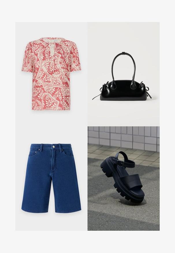 Blusa de manga corta en rojo claro con un patrón floral y geométrico en crema, que presenta un escote en forma de lágrima y un tejido suave y ligero.; Shorts de mezclilla azul con un corte recto, diseño de cinco bolsillos y una cinturilla visible que cuenta con un botón de metal y trabillas para el cinturón.; Sandalia negra con suela gruesa, tiras anchas y hebilla en el tobillo, sobre pavimento gris cerca de una pared con azulejos.; Pequeño bolso negro brillante con dos asas largas y detalles de cordón lateral sobre un fondo claro liso.