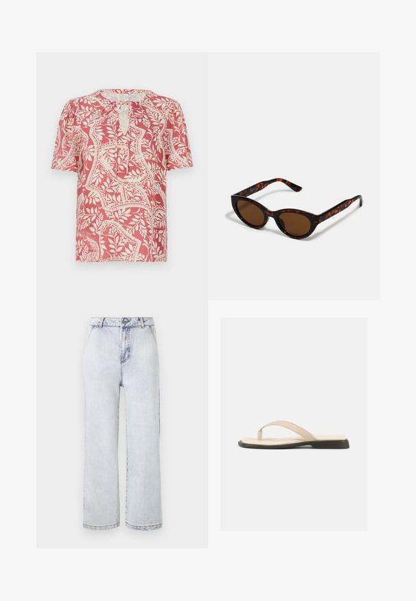 Kortærmet bluse i lys rød med cremefarvet blomster- og geometrisk mønster, med en nøglehul-udskæring og blødt, let stof.; Lyseblå denim bredbenede jeans med høj talje, med knaplukning, lige kant og minimal falming.; Beige flad thongsandal med polstret fodseng og sort sål, vist fra siden på hvid baggrund.; Brune skildpadde solbriller med en vintage katteøje-form og brune linser. Har buede arme med røde detaljer.