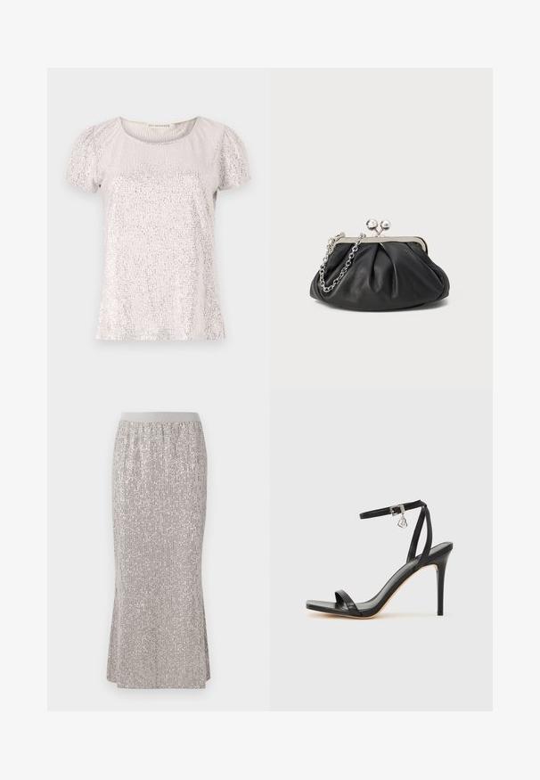 T-shirt à manches courtes en beige clair avec une surface texturée ornée de sequins, présentant un col rond et des manches froncées.; Jupe en sequins argentés, longueur genoux, avec une taille ajustée, présentant des motifs de brillance verticaux et des fentes latérales pour faciliter le mouvement.; Sandale à talon haut noire avec une bride étroite à la cheville, bout carré, cuir lisse et accent de boucle métallique.; Porte-monnaie en cuir noir avec texture froncée, cadre en métal argenté, fermeture à verrouillage kiss-lock et bandoulière en chaîne. Surface lisse et douce.