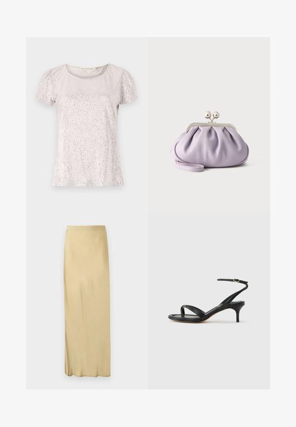 T-shirt à manches courtes en beige clair avec une surface texturée ornée de sequins, présentant un col rond et des manches froncées.; Jupe droite beige, taille haute, longueur cheville, avec une texture lisse et sans motifs ni ornements visibles.; Sandale pour femme en cuir noir avec fines lanières, une boucle d'orteil, une boucle à la cheville et un talon aiguille de hauteur moyenne sur un fond neutre.; Pochette lavande douce avec tissu froncé, fermoir kiss-lock argenté et bracelet assorti sur un fond clair uni.