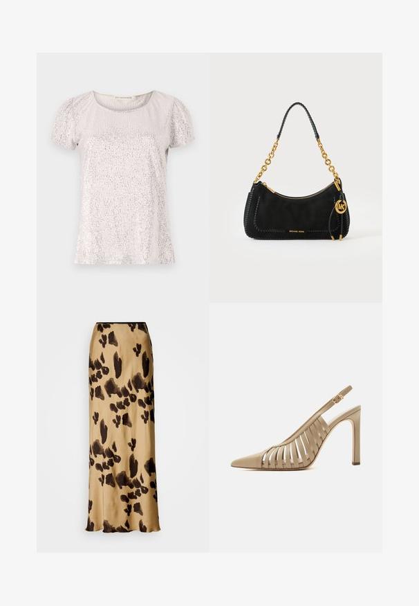 T-shirt à manches courtes en beige clair avec une surface texturée ornée de sequins, présentant un col rond et des manches froncées.; Jupe midi beige avec un motif irrégulier de léopard brun foncé, coupe droite et légère brillance sur le tissu.; Chaussure slingback beige à talon haut, à bout pointu et à design de bride ajourée, avec une boucle dorée sur la bride de la cheville.; Sac à main Michael Kors noir avec bandoulière chaîne dorée, fermeture éclair et pendentif rond doré avec logo MK sur fond blanc.