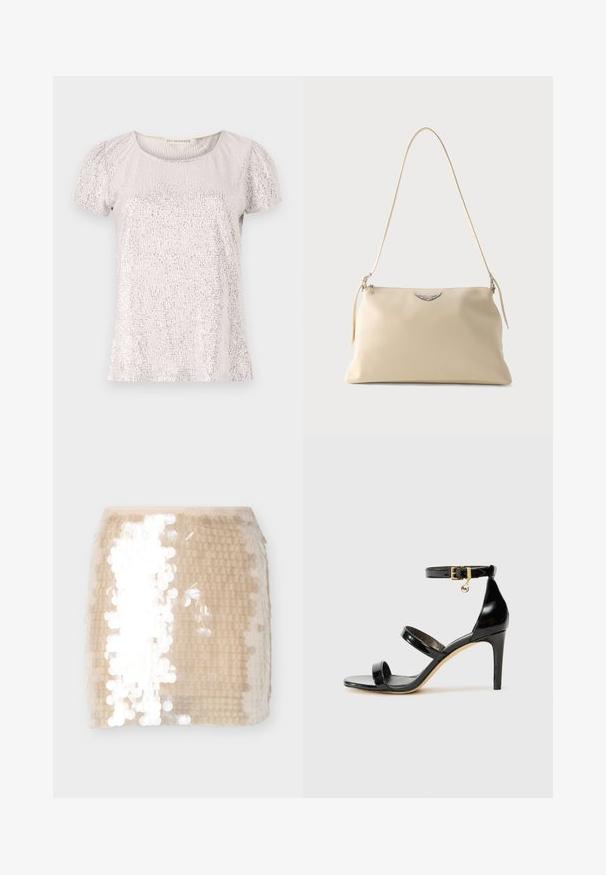 T-shirt à manches courtes en beige clair avec une surface texturée ornée de sequins, présentant un col rond et des manches froncées.; Mini-jupe beige couverte de grands sequins irisés créant un effet scintillant, présentée sur un fond blanc uni.; Sandale en cuir verni noir avec trois brides, boucle de cheville et talon aiguille de 10 cm. Présente un détail en métal doré et un charm logo.; Sac à bandoulière en cuir couleur crème avec un emblème ailé argenté et une fine sangle sur un fond uni.