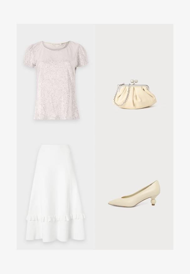 T-shirt à manches courtes en beige clair avec une surface texturée ornée de sequins, présentant un col rond et des manches froncées.; Jupe évasée blanche en tissu texturé, avec un ourlet ondulé et un design à empiècement, dotée d'une taille lisse et d'une coupe au genou.; Chaussure femme couleur crème à bout pointu avec un petit talon rond en forme de boule, sur fond uni.; Pochette en cuir beige plissé avec un cadre en métal argenté, dotée de deux fermoirs ronds décoratifs et d'une chaîne en argent.