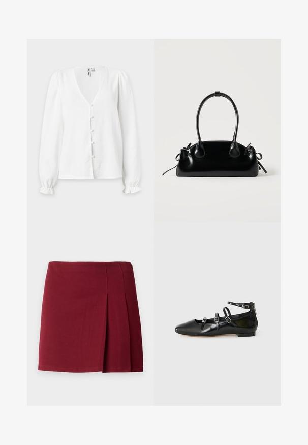 Blouse blanche à manches longues avec col en V, boutons recouverts de tissu sur le devant, manches légèrement bouffantes et poignets à volants.; Jupe mini plissée bordeaux avec une texture lisse, taille ajustée et fermeture à glissière sur le côté. Design simple et minimaliste sans motifs.; ALDO NELTA - Ballerines - black; Petit sac à main noir brillant avec deux longues anses et des détails à cordon sur les côtés sur un fond clair uni.