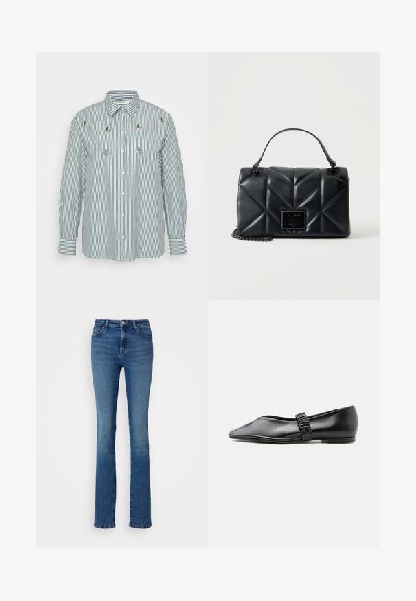 Stribet langærmet skjorte i grøn og hvid med lodrette striber, knaplukning foran og dekorative metalblomsterdetaljer.; ONLY Tall ONLSUI MID - Jeans Slim Fit - medium blue denim; Sort læder flad sko med en rynket rem over toppen og en let spids tå, vist mod en ensfarvet baggrund.; Sort quiltet lædertaske med tophåndtag, rektangulær form og en foran metal spænde lukning med kæderem mod ensfarvet baggrund.