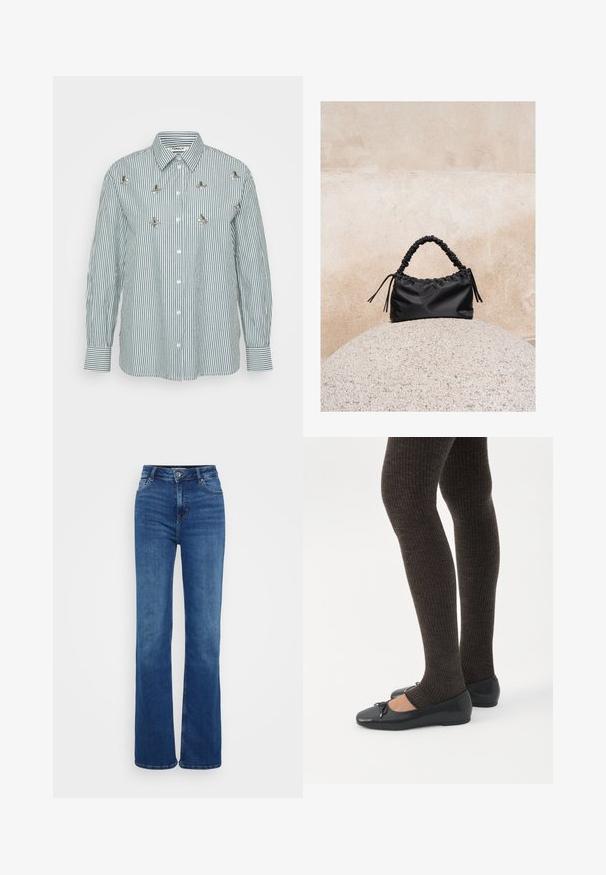Stribet langærmet skjorte i grøn og hvid med lodrette striber, knaplukning foran og dekorative metalblomsterdetaljer.; Højtaljede flared jeans i mørkeblåt denim. Har fem lommer, diskret syning og knaplukning. Glat tekstur med en klassisk pasform.; Ben iført mørke ribbede leggings kombineret med sorte balletsko med små sløjfedetaljer på hvid baggrund.; Sort håndtaske med rynkede detaljer og et samlet håndtag, hvilende på en tekstureret stensfære mod en beige betonvæg.