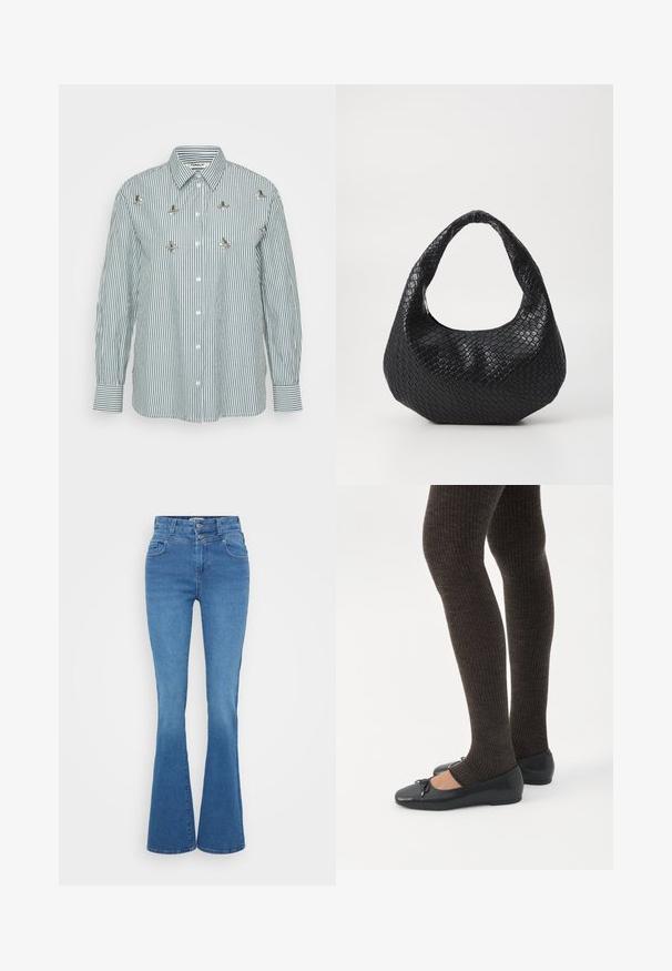 Stribet langærmet skjorte i grøn og hvid med lodrette striber, knaplukning foran og dekorative metalblomsterdetaljer.; Bredde blå denim jeans med høj talje, der har to forlommer, knaplukning og en glat, let struktureret overflade.; Ben iført mørke ribbede leggings kombineret med sorte balletsko med små sløjfedetaljer på hvid baggrund.; Sort flettet håndtaske med et buet håndtag, der har en struktureret overflade og en afslappet form. Glat finish med en organisk silhuet.