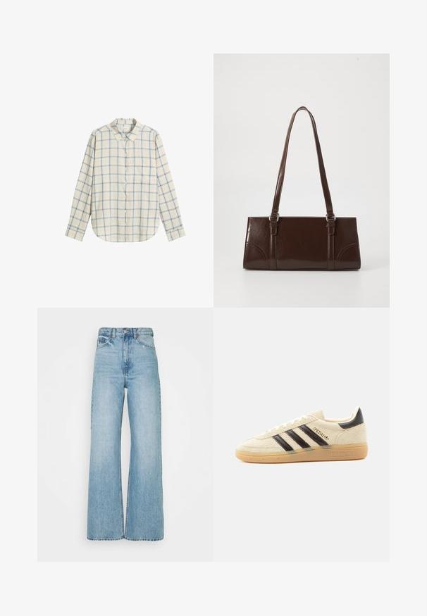 Overhemd met knopen in een lichtbeige en blauwe ruitpatroon, gemaakt van zachte stof, met een kraag en lange mouwen.; Lichtblauwe high-waisted wide-leg jeans van denim stof. Heeft een klassieke knoop- en ritssluiting, met subtiele vervaging en contrasterende stiksels.; Crèmekleurige suède sneaker met zwarte strepen, rubberen zool, zwart hieltabje en gouden "SPEZIAL" tekst aan de zijkant.; Bruine lakleren handtas met een rechthoekige vorm, twee lange handvatten en subtiele gebogen accenten aan de voorkant.