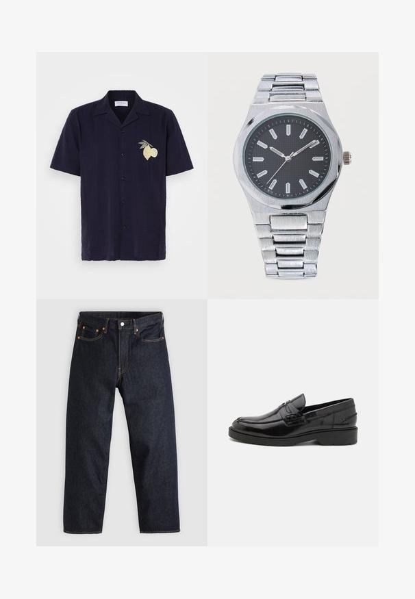 Chemise navy à manches courtes avec un motif texturé et des rayures verticales. Présente un design brodé de citron et de lime sur la partie gauche de la poitrine.; Jean en denim bleu foncé avec une coupe droite, cinq poches, des coutures orange contrastantes et une fermeture à boutons. Pas de motifs ou d'ornements visibles.; Mocassins en cuir noir avec une finition lisse, un bout rond, un petit talon et descoutures décoratives à l'avant. Semelle en caoutchouc pour l'adhérence.; Montre-bracelet en métal argenté avec cadran noir texturé, index blancs et aiguilles affichant 10:09:36.