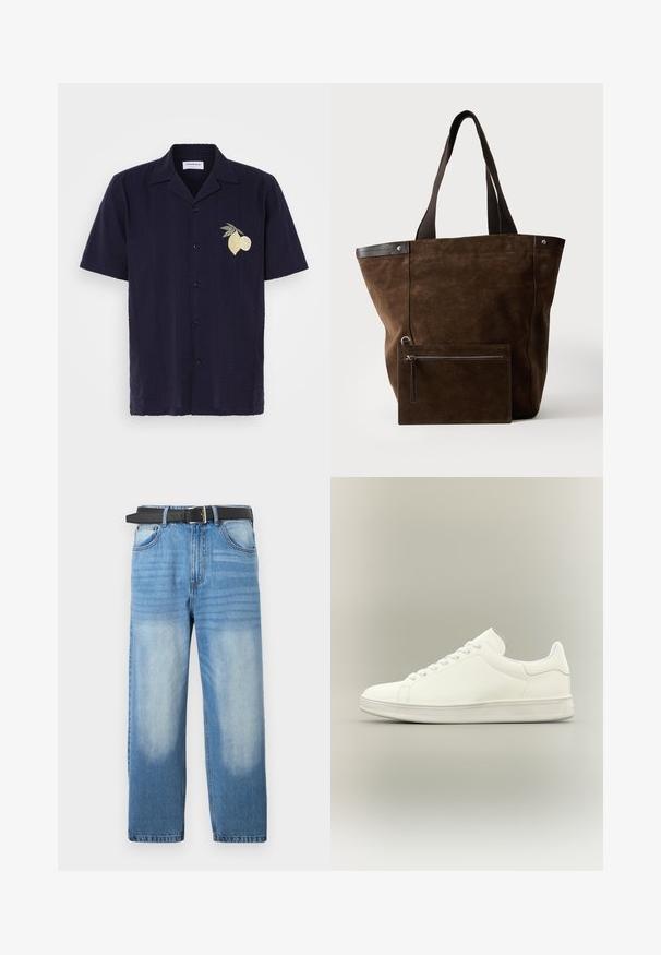 Chemise navy à manches courtes avec un motif texturé et des rayures verticales. Présente un design brodé de citron et de lime sur la partie gauche de la poitrine.; Jean en denim bleu clair avec une coupe droite, doté d'une ceinture noire, avec des zones décolorées et une texture diagonale subtile sur la partie supérieure.; Baskets basses blanches minimalistes avec lacets, tige en cuir lisse et semelle en caoutchouc texturée, présentées sur un fond neutre.; Sac cabas en daim marron foncé avec des poignées noires et une pochette rectangulaire zippée assortie fixée à l'avant.