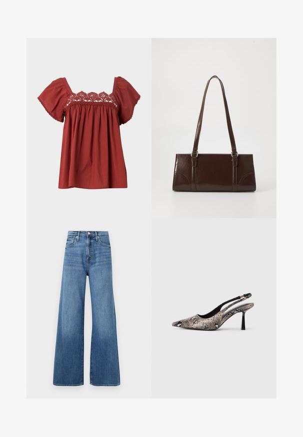 Rode katoenen top met korte uitlopende mouwen en kantdetails rond de hals. De stof heeft een zachte textuur en een relaxte pasvorm.; Blauwe high-waisted wijde jeans met knoop- en ritsluiting, voorzakken en subtiele vervaging op de stof.; Puntige slingback schoenen van textuur leer met slangenprint, met een slanke zwarte hak en een uitgesneden ontwerp aan de zijkanten.; Bruine lakleren handtas met een rechthoekige vorm, twee lange handvatten en subtiele gebogen accenten aan de voorkant.