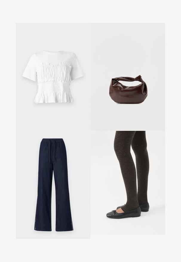 Hvid kortærmet top med en rynket, smocket bodice og en udskåret kant, der viser et tekstureret design og en ensfarvet farve.; Bredde benbukser i mørk denim, med elastisk talje og snøre, samt hvide sidelister på hvert ben. Glat tekstur.; Ben iført mørke ribbede leggings kombineret med sorte balletsko med små sløjfedetaljer på hvid baggrund.; Mørkebrun læder skuldertaske med en blød, afslappet form og et snoet knudehåndtag på en ensartet hvid baggrund.