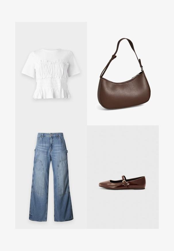 Witte top met korte mouwen, voorzien van een gerimpelde, smock-borstvoeding en een uitlopende zoom, met een gestructureerd ontwerp en een effen kleur.; Good American GOOD EASE RELAXED - Relaxed fit jeans - indigo; Bruine gepatineerde leren balletschoen met een vierkante neus en een bandje met een kleine gouden gesp. Gladde textuur, lage hak en minimalistisch ontwerp.; Kleine bruine leren schoudertas met verstelbare band en ritssluiting, getoond tegen een witte achtergrond. Geen zichtbaar merk of versieringen.