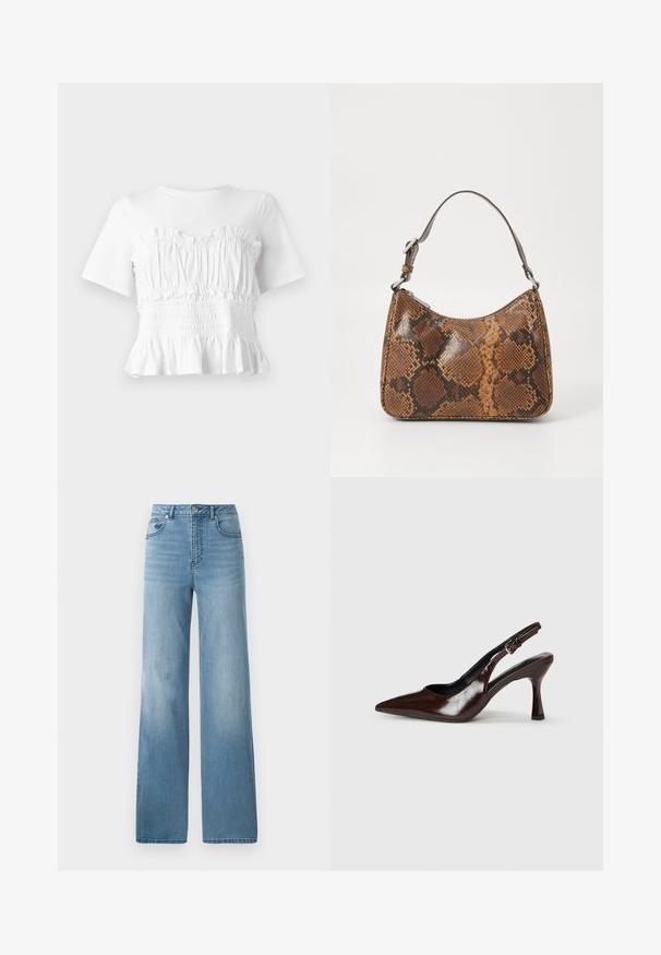 Witte top met korte mouwen, voorzien van een gerimpelde, smock-borstvoeding en een uitlopende zoom, met een gestructureerd ontwerp en een effen kleur.; Lichtblauwe high-waisted jeans met een rechte pasvorm. Gemaakt van denim, met vijf zakken en een knoopsluiting.; Bruine gepatineerde leren slingback pumps met een spitse neus, een dunne hak en een verstelbaar bandje met een kleine gesp.; Kleine handtas met een bruin en zwart slangenprintpatroon, korte verstelbare schouderriem en ritssluiting.