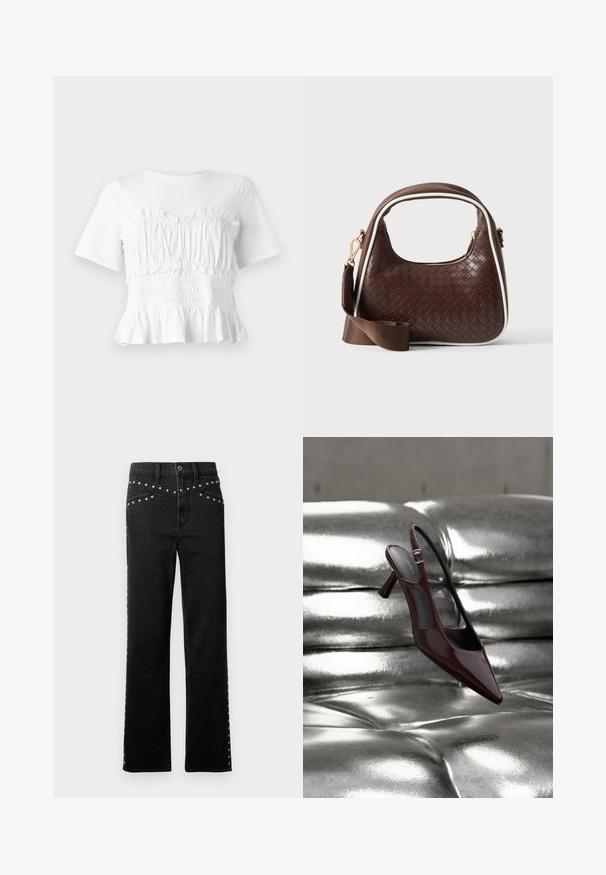 Hvid kortærmet top med en rynket, smocket bodice og en udskåret kant, der viser et tekstureret design og en ensfarvet farve.; Sorte denim jeans med lige ben, prydet med sølvnitter langs taljen og siderne. Stoffet har en glat tekstur med en klassisk pasform.; Blank mørkerød slingback højhælet sko med spids tå, vist på en skinnende sølvfarvet polstret læderoverflade.; Brun vævet læderhåndtaske med hvid piping, guldfarvet lynlås og aftagelig brun stofskulderrem.