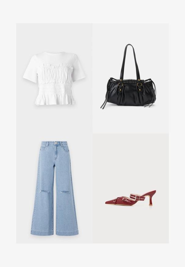 Hvid kortærmet top med en rynket, smocket bodice og en udskåret kant, der viser et tekstureret design og en ensfarvet farve.; Lyseblå bredbenede jeans med høj talje, der har to forlommer og to slidte knædetaljer, fremstillet af denimmateriale.; Rød læder mule med spids tå, mellemhøj hæl og dobbelte spænder henover vrist og tåområdet.; Sort læderhåndtaske med rund form, dobbelte hanke, dekorative hardware-detaljer og snøre på siden. Glat, blank overflade.