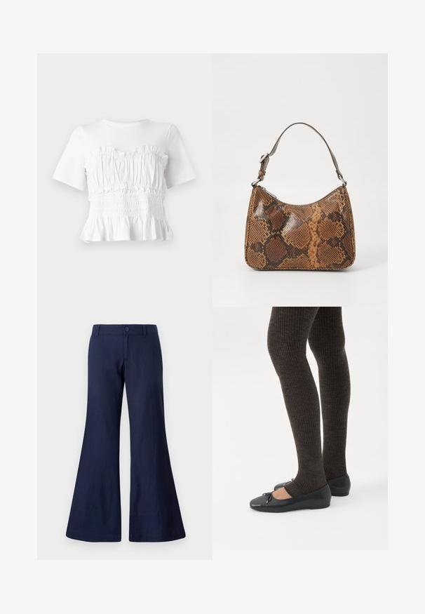 Top blanco de manga corta con un cuerpo fruncido y volante, y un dobladillo acampanado, que muestra un diseño texturizado y un color sólido.; Pantalones acampanados azul marino hechos de algodón, con cierre de botón, presillas para cinturón y una textura suave con aberturas de pierna anchas.; Piernas con leggings oscuros acanalados combinados con bailarinas negras que presentan pequeños detalles de lazo sobre un fondo blanco.; Pequeño bolso de mano con un patrón de piel de serpiente marrón y negro, correa corta ajustable y cierre de cremallera.
