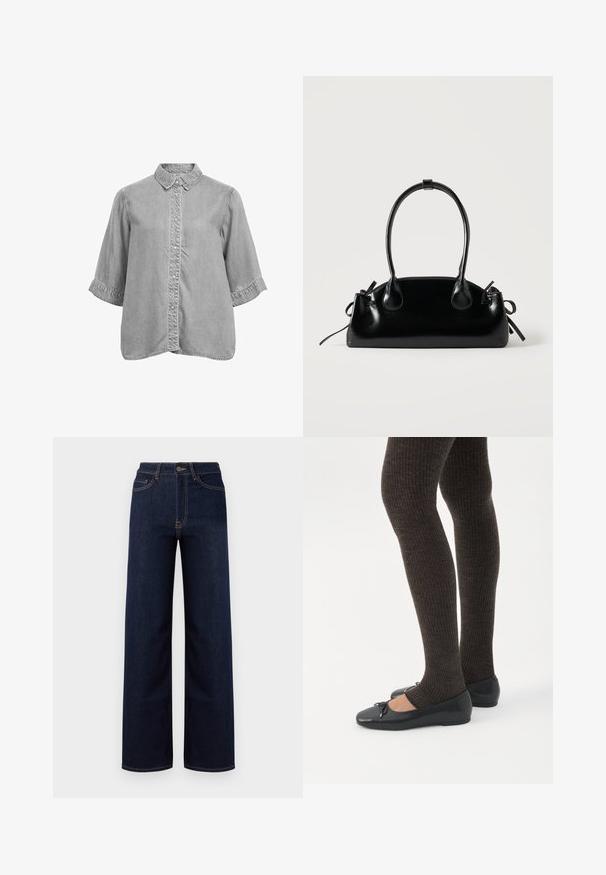 Chemise en jean grise à manches courtes avec col et fermeture à boutons-pressions sur le devant, coupe ample et détails de coutures visibles.; Jeans en denim bleu foncé à jambes larges, avec une taille haute, quatre poches et des coutures contrastantes le long des coutures.; Jambes portant des leggings côtelés foncés associés à des ballerines noires avec de petits détails en nœud sur fond blanc.; Petit sac à main noir brillant avec deux longues anses et des détails à cordon sur les côtés sur un fond clair uni.