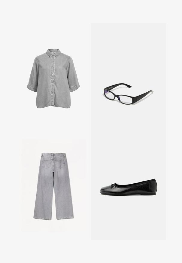 Chemise en jean grise à manches courtes avec col et fermeture à boutons-pressions sur le devant, coupe ample et détails de coutures visibles.; Jean large gris à taille haute, avec une texture lisse, deux poches arrière et des détails de couture subtils.; Ballerine en cuir noir brillant avec petit talon et petit nœud décoratif sur l'avant, vue de côté sur fond clair uni.; Des lunettes rectangulaires noires avec des verres transparents. Fini brillant, branches étroites et teinte violette visible sur les bords des verres.