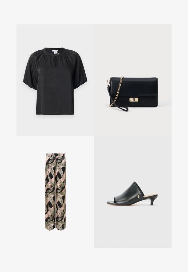 Top negro de manga corta hecho de una tela ligera, con un escote redondo, detalles plisados y un pequeño botón decorativo en el cuello.; Pantalones palazzo con una base negra y un audaz estampado de hojas en verde, beige y rojo, con una cintura elástica para mayor comodidad.; Mules de cuero negro de punta abierta con un tacón bajo. Presentan una superficie lisa y un acento del logo dorado en el costado.; Bolso de mano de cuero negro con un cierre y cadena en tono dorado. Diseño compacto con una textura suave y un detalle mínimo.