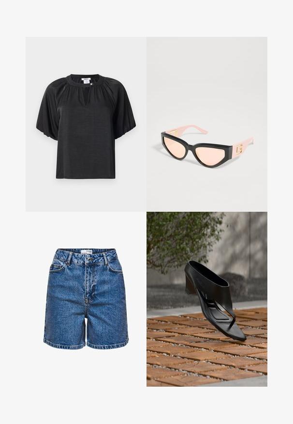 Sort kortærmet top lavet af letvægtsstof, med rund halsudskæring, plisserede detaljer og en lille knapaccent ved kraven.; Denim shorts i en mellem blå farve med høj talje, fem lommer og kontrasterende syninger. Glat tekstur med et klassisk design.; Sort højhælet sandal med thongsrem, svævende over et mønstret træ- og grusbelagt udendørsareal med sløret grønt område og væg i baggrunden.; Kat-øje solbriller med sorte frontstel, lyserøde stænger og guld "G" logo på siderne.