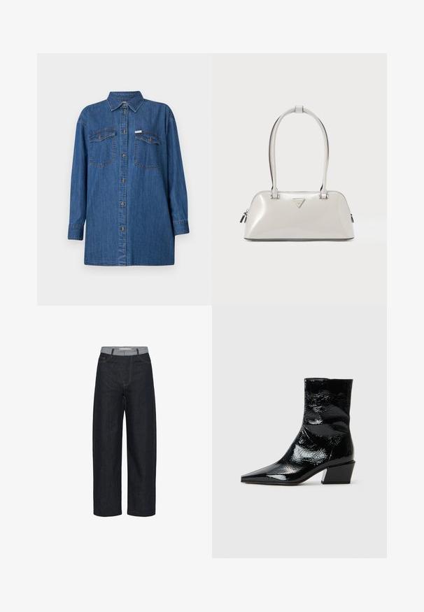 Denim-paita, pitkät hihat, vaaleansininen, kaksi rintataskua, napitettavat etupuoli, klassinen kaulus, teksturoitu kangas, rento istuvuus.; Tummansiniset leveälahkeiset farkut, joissa on vaaleanharmaa vyötärönauha ja etutaskut, esillä valkoista taustaa vasten.; Musta lakattu nilkkuri, jossa on terävä kärki, teksturoitu pinta ja paksu lohko korko. Tyylikäs muotoilu, jossa on sileä ja kiiltävä pinta.; Kiiltävä vaaleanharmaa käsilaukku pyöreällä muotoilulla, kaksinkertaisilla kahvoilla ja kolmionmuotoisella logolla. Varustettu vetoketjulla ja metallisilla yksityiskohdilla.