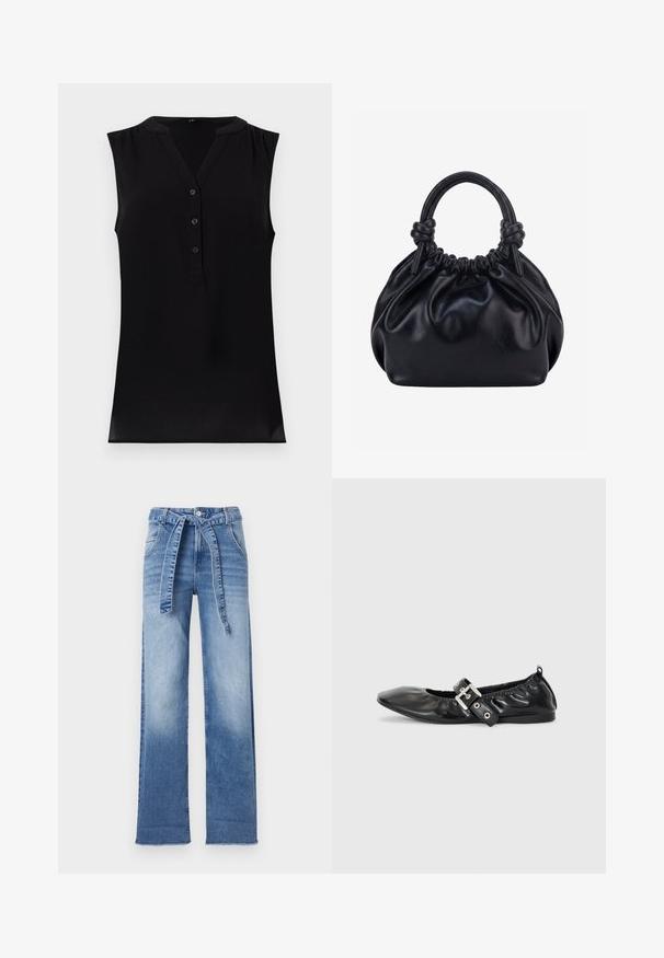 Top negro sin mangas con escote en V, cierre de botones en la parte delantera y sutiles pliegues en los hombros. Fabricado en una tela suave y ligera con una textura lisa.; Pantalones de denim azul claro de talle alto con un diseño de pierna ancha, que cuentan con un cinturón de lazo en la cintura y un efecto de lavado desvanecido.; Zapato plano de piel negra con puntera afilada, detalle fruncido alrededor de la abertura y un acento de hebilla plateada en la correa ajustable.; Bolso de mano de cuero negro suave con parte superior fruncida y dos asas gruesas atadas en nudos sobre un fondo claro y liso.