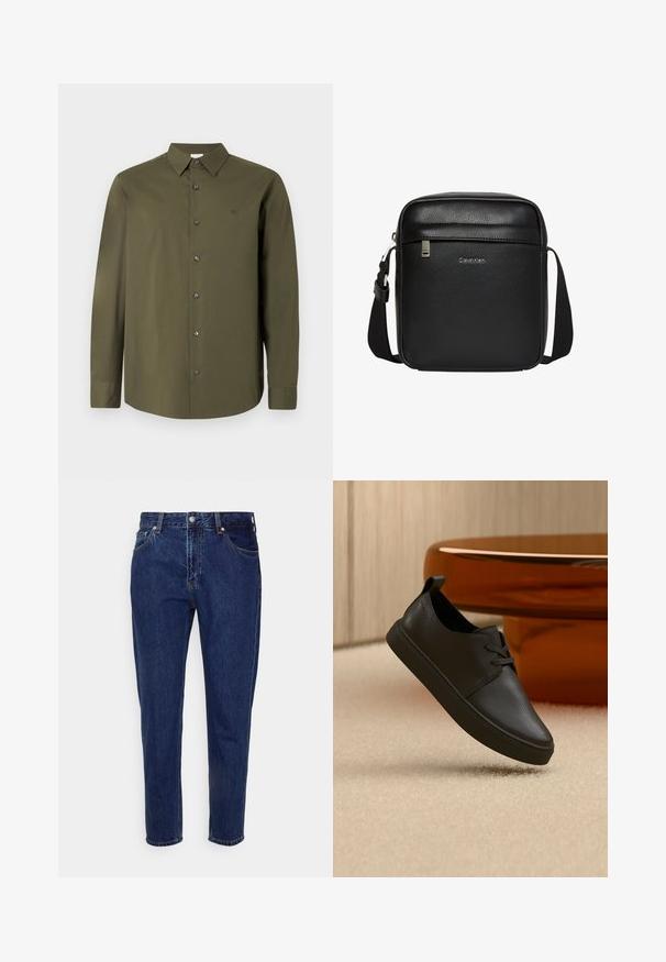 Chemise à manches longues vert olive foncé avec col pointu, boutons noirs et un logo discret sur la poitrine. Texture de tissu lisse et unie.; Jean droit en denim bleu foncé avec fermeture à bouton et zip à l'avant, passants pour ceinture, poches avant et arrière.; Baskets décontractées en cuir noir avec lacets, flottant au-dessus d'un tapis beige, avec une table en verre ambré arrondie en arrière-plan.; Sac bandoulière noir Calvin Klein avec bandoulière réglable, poche avant zippée et logo discret sur surface en cuir texturé.