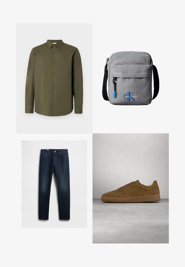 Chemise à manches longues vert olive foncé avec col pointu, boutons noirs et un logo discret sur la poitrine. Texture de tissu lisse et unie.; Jean en denim bleu foncé avec une coupe droite, comportant cinq poches, une braguette à boutons et un léger décoloration sur les cuisses. Détails de couture classiques.; Baskets en daim marron avec des lacets couleur fauve et une semelle en caoutchouc. Présente un bout arrondi et des détails cousus sur la tige. Design léger.; Sac bandoulière gris Calvin Klein avec poche zippée à l'avant, sangle noire réglable, et broderie du logo "cK" bleu à l'avant.