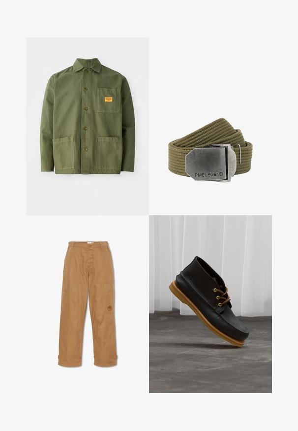 Veste verte olive en coton épais, avec un col pointu, des boutons à l'avant et deux grandes poches plaquées. Comprend un petit patch avec un logo.; Pantalons de travail khaki, fabriqués en tissu durable, dotés de plusieurs poches, d'une fermeture à bouton et d'un logo brodé sur la cuisse.; Chaussures en cuir noir avec une finition lisse, bout rond, lacets marron et semelles en caoutchouc marron clair. Logo embossé sur le côté.; Ceinture en tissu tissé vert olive avec une grande boucle rectangulaire en métal brossé gravée de "PME LEGEND".