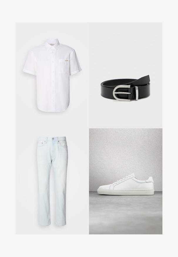 Witte short-sleeve button-up shirt van lichtgewicht stof, met een borstzak en een subtiele logo-detail. Gladde textuur en klassieke kraag.; Lichtblauwe denim jeans met een rechte pijp. Voorzien van een knoopsluiting en riemlussen, met een vervaagde textuur en minimale stiksels.; Witte sneaker met een gladlederen bovenwerk en een laag profiel. Voorzien van een ronde neus, zes vetergaatjes en een gestructureerde rubberen zool.; Zwarte leren riem met een gladde textuur, voorzien van een zilveren metalen gesp en een klassieke rechthoekige vorm.