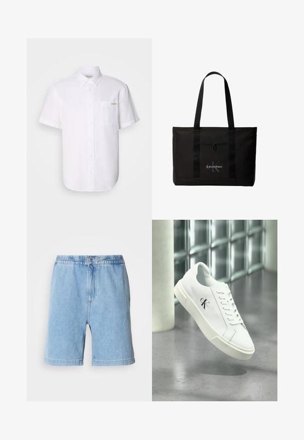 Weißes kurzärmeliges Hemd mit Knöpfen aus leichtem Stoff, mit einer Brusttasche und einem dezenten Logodetail. Sanfte Textur und klassischer Kragen.; Helle blaue Jeansshorts mit elastischem Bund, vorderem Knopfverschluss, seitlichen Taschen und geradem Schnitt. Mittlere Oberschenkel-Länge.; Weißer Calvin Klein Sneaker mit Schnürsenkeln, schwebend über einem polierten Betonboden und einer Glasbausteinwand im Hintergrund dargestellt.; Schwarze Calvin Klein Tote-Tasche mit zwei langen Griffen und Fronttasche, mit dem Markenlogo in Weiß und Grau.