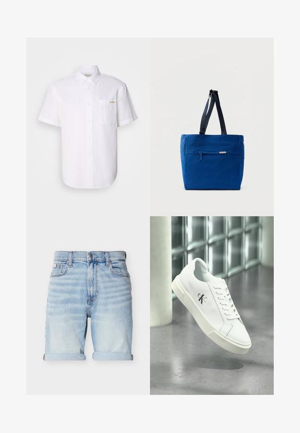 Witte short-sleeve button-up shirt van lichtgewicht stof, met een borstzak en een subtiele logo-detail. Gladde textuur en klassieke kraag.; Lichtblauwe denimshorts met omgeslagen manchetten, knopen aan de voorkant, ritssluiting en een ontwerp met vijf zakken op een witte achtergrond.; Witte Calvin Klein sneaker met veters, zwevend getoond boven een gepolijste betonnen vloer en een achtergrond van glasblokken.; Blauwe canvas boodschappentas met een voorvak met rits, dubbele schouderbanden en een rechthoekige vorm. Heeft een subtiel merklabel.