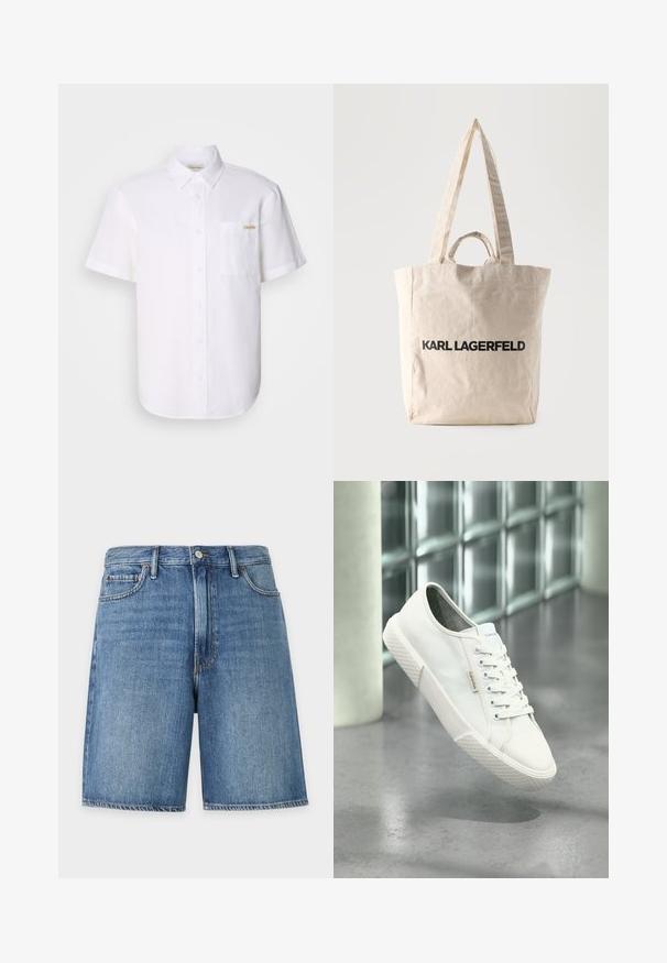 Camisa blanca de manga corta con botones, hecha de tela ligera, que presenta un bolsillo en el pecho y un sutil detalle de logo. Textura suave y cuello clásico.; Pantalones cortos de mezclilla azul con botón delantero, trabillas para cinturón y bolsillos delanteros, mostrados sobre un fondo blanco liso.; Zapatilla baja blanca de Calvin Klein con cordones, suela de goma y etiqueta con el logo flotando sobre un suelo pulido gris cerca de una pared de bloques de vidrio.; Bolso tote de lona beige con asas largas y cortas, con el texto "KARL LAGERFELD" impreso en letras negras gruesas en el frente.