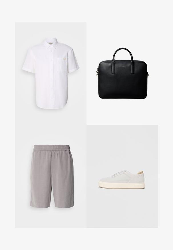 Valge lühikeste varrukatega nööpidega särk, mis on valmistatud kergest kangast, omades rindu taskut ja peent logo detaile. Sile tekstuur ja klassikaline krae.; Calvin Klein PULL ON - Lühikesed püksid - steeple gray; Heled hallid sneakers, millel on sile sünteetiline ülemine osa, ümar varvas ja tekstureeritud kreemjas vahevöö. Heledad tan aktsendid kandade juures.; Mustast tekstuuriga nahast portfell kahe käsitsemisvõimalusega ja hõbedaste tõmblukuga, valge tausta keskel.
