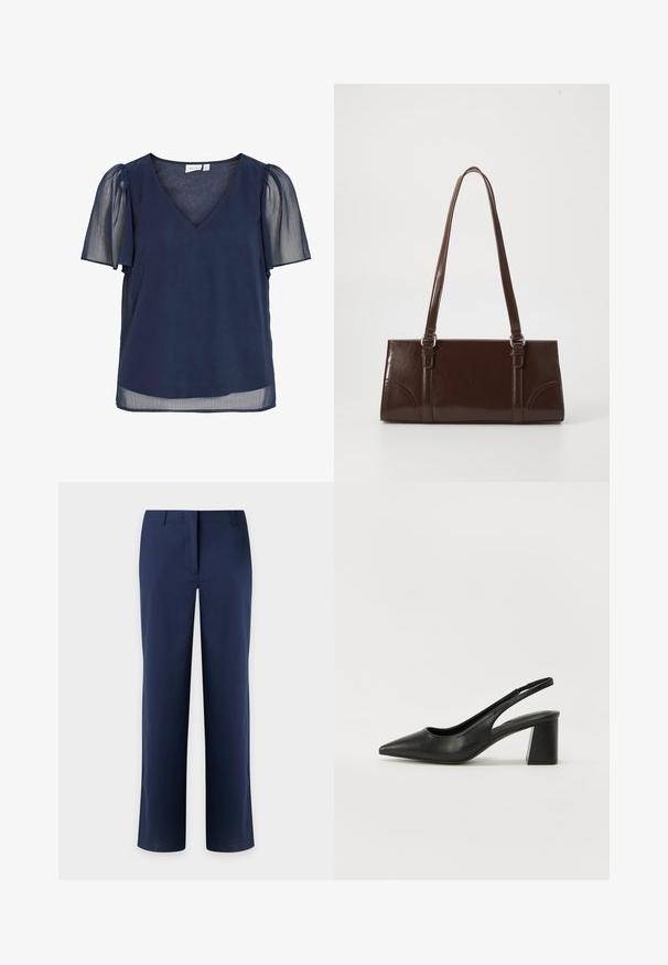 Blouse pour femme bleu marine avec col en V, manches courtes bouffantes transparentes et tissu léger offrant une apparence fluide et semi-transparente.; Pantalon bleu marine à jambes droites avec passants de ceinture et fermeture avant dissimulée, présenté sur un fond clair.; Escarpins en cuir noir à talon ouvert avec un bout pointu et un talon bloc. Présente un design découpé et une texture lisse, minimaliste et moderne.; Sac à main en cuir verni marron de forme rectangulaire, avec deux longues poignées et des accents courbés subtils à l'avant.