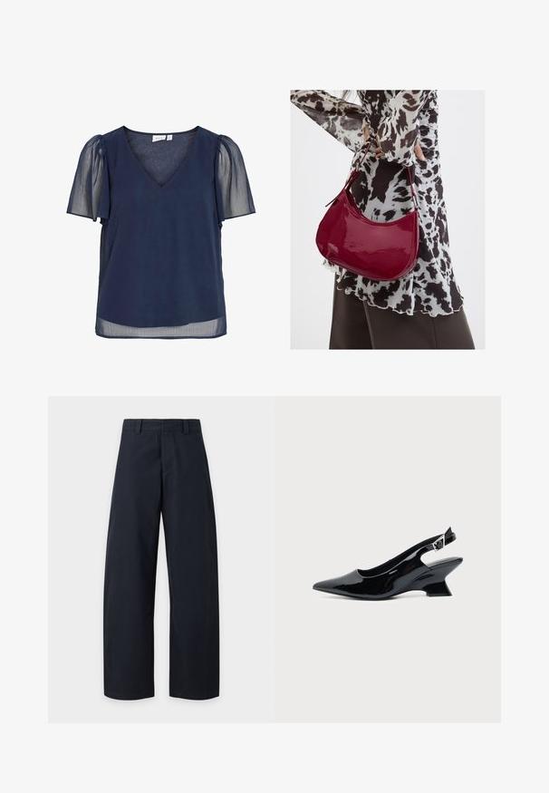 Blouse pour femme bleu marine avec col en V, manches courtes bouffantes transparentes et tissu léger offrant une apparence fluide et semi-transparente.; Pantalon bleu marine à jambes larges, avec passants de ceinture et fermeture éclair sur le devant, sur un fond clair uni.; Chaussure slingback en cuir verni noir avec bout pointu et petit talon bloc incliné sur fond clair uni.; Femme portant un chemisier à motif noir et blanc tenant un sac à main rouge brillant sur un fond uni.