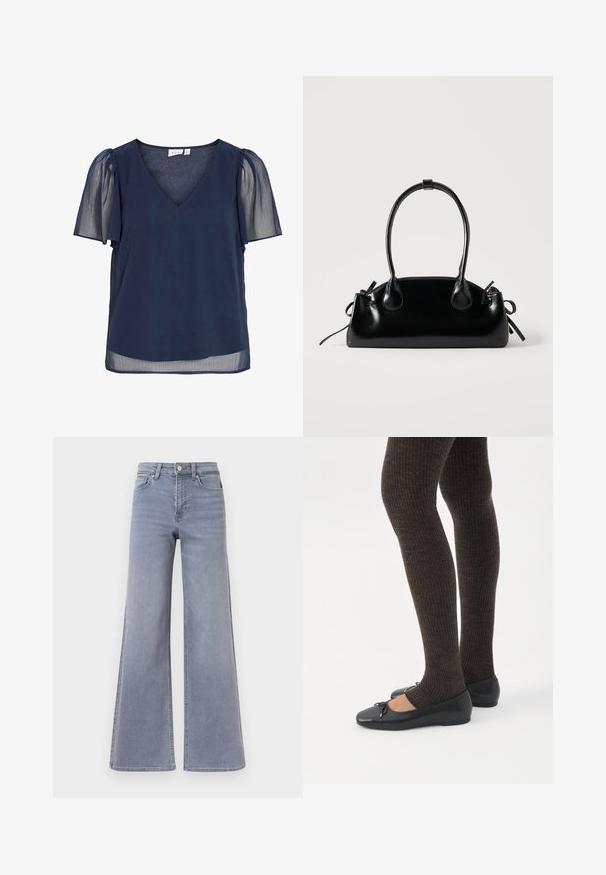 Blouse pour femme bleu marine avec col en V, manches courtes bouffantes transparentes et tissu léger offrant une apparence fluide et semi-transparente.; Jean en denim bleu clair, taille haute, jambes larges, avec fermeture à boutons et fermeture éclair à l'avant, poches avant et arrière, présenté sur fond blanc.; Jambes portant des leggings côtelés foncés associés à des ballerines noires avec de petits détails en nœud sur fond blanc.; Petit sac à main noir brillant avec deux longues anses et des détails à cordon sur les côtés sur un fond clair uni.