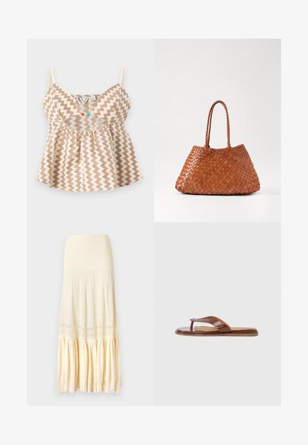 Top sans manches beige et marron à motif zigzag avec fines bretelles et petites perles colorées à l'encolure avant.; Longue jupe crème avec taille côtelée, partie centrale plissée et ourlet froncé avec des motifs subtils en dentelle.; Tongs en cuir marron avec une bride texturée et une semelle intérieure lisse. Présente un design minimaliste et une semelle plate, adaptées pour un usage décontracté.; DRAGON DIFFUSION SANTA CROCE BIG - Sac à main - tan